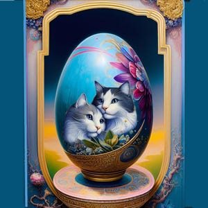 carte de voeux , pâques, double avec chat : Pâques à deux