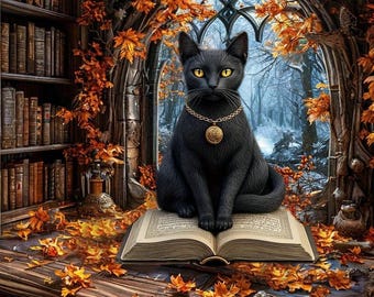 Tarjeta doble, cuadrado con gato: hojas de otoño