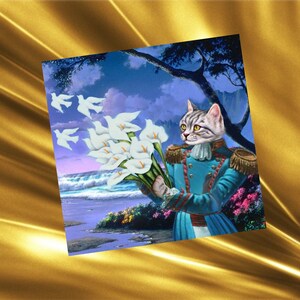 Carte  avec chat, un brin surreéaliste : mon beau bouquet de colombes !
