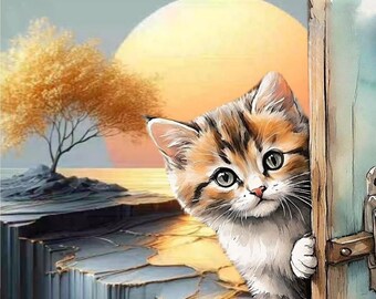 Tarjeta doble cuadrada con gato: sol naciente