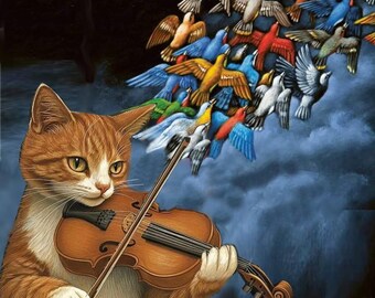 Tarjeta cuadrada doble con gato: el gato musical