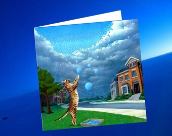 Grußkarte, doppelt mit Katze: blaue Luftballons