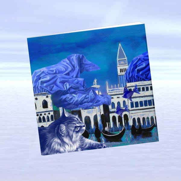 carte chat, carte de voeux chat , carte d'art chat: le chat bleu de Venise