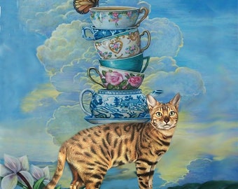Carte  de voeux double  avec chat :l'heure du thé