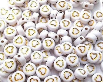 Gold Heart Spacer Beads, Alphabet Beads, 7mm Beads, Beads