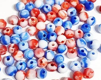 6mm Marbled Patriotic Beads, Red White and Blue, Military, DIY