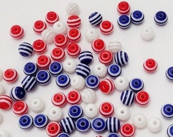 Patriotic, 6mm Beads, Striped Beads, Red White Blue, Military, Stars and Stripes, Gift For, Kid Craft, Jewelry, Beads