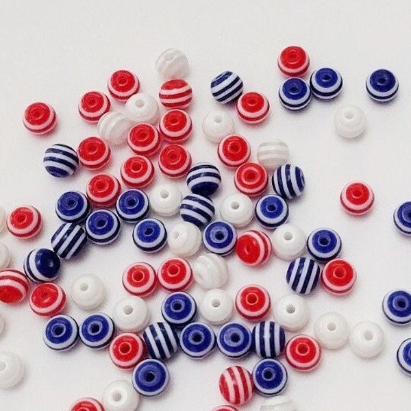 Patriotic, 6mm Beads, Striped Beads, Red White Blue, Military, Stars and Stripes, Gift For, Kid Craft, Jewelry, Beads