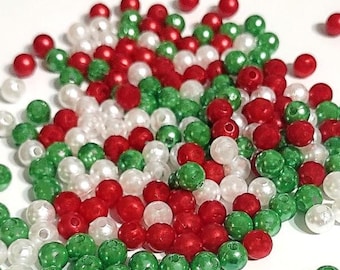 Perles de Noël 6 mm, rouge blanc vert, finition nacrée