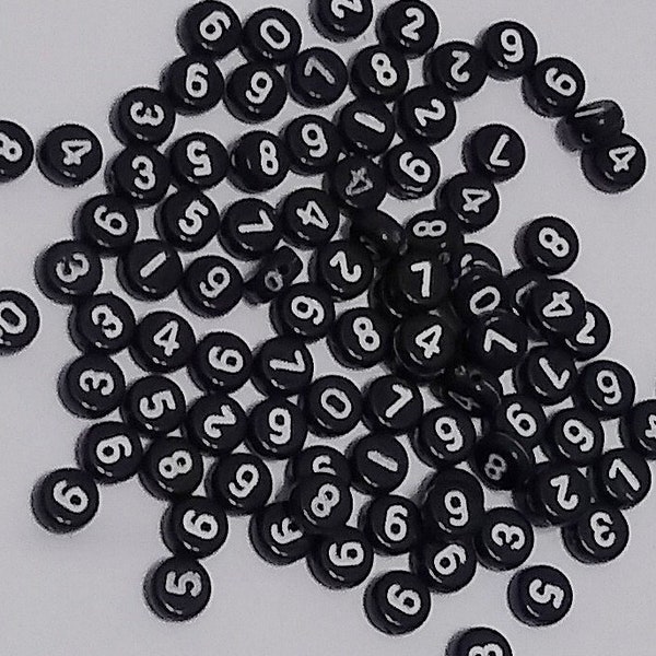 7mm NUMBER Beads, 7mm Black and White Beads, Round Letter Beads, Number Beads