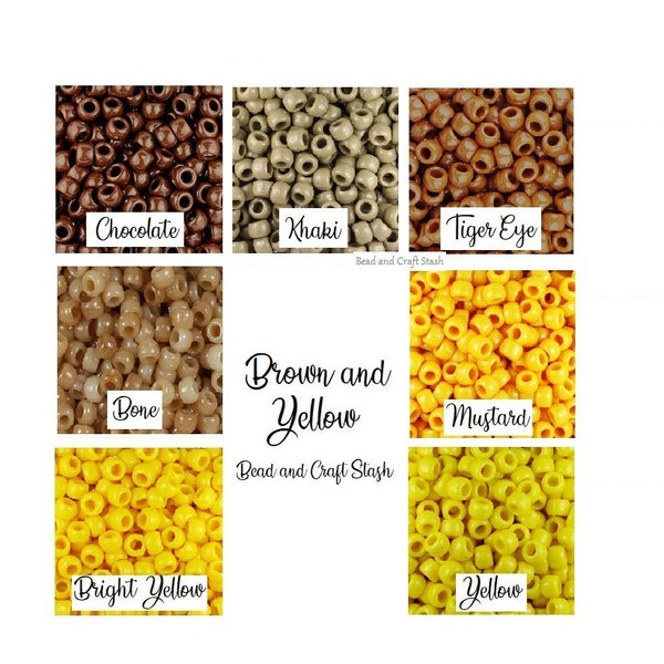 Brown Beads, Yellow Beads, Pony Beads, Chocolate Khaki Tiger Eye Bone Mustard Yellow Bright Yellow, Opaque