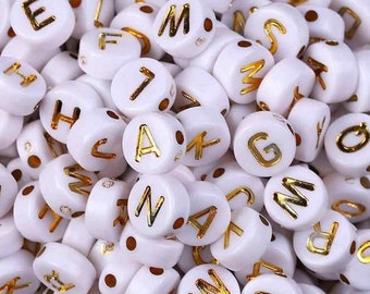 7mm Gold Alphabet Beads, White and Gold Beads, Beads, Coin