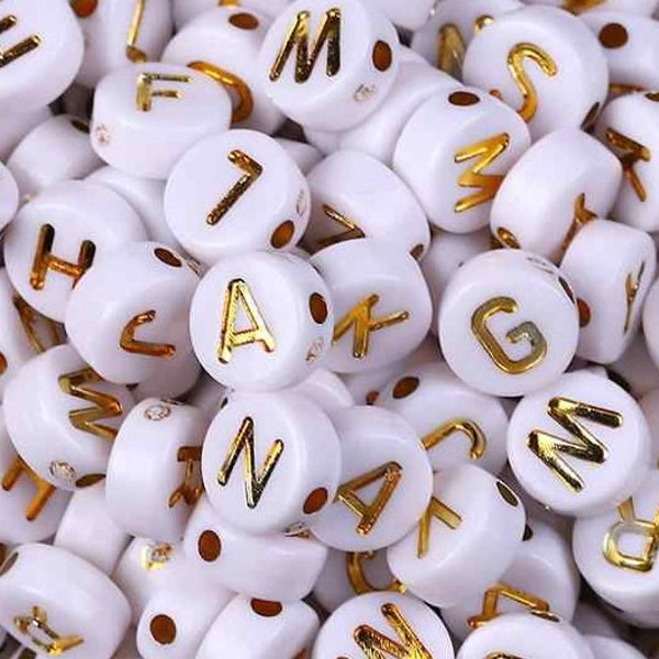 7mm Gold Alphabet Beads, White and Gold Beads, Beads, Coin