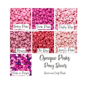 Pink Pony Beads, 9mm Pony Bead Barrels, Baby Pink, Dark Pink, Dusty Rose, Mauve, Old Rose, Lady&#39;s Pink, Pink & Purple Mix, Opaque