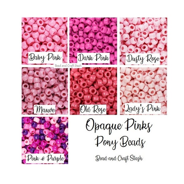 Pink Pony Beads, 9mm Pony Bead Barrels, Baby Pink, Dark Pink, Dusty Rose, Mauve, Old Rose, Lady's Pink, Pink & Purple Mix, Opaque
