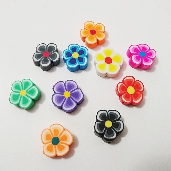 Flower Beads, Polymer Clay Beads, Flowers, Beads, Black, Orange, Pink, Yellow