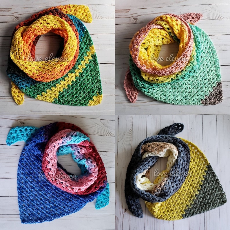 May include: Four crocheted triangular scarves in different colour combinations. The scarves are made with a variety of stitches and feature a unique, textured design. The scarves are all in different colours, including green, yellow, orange, blue, and grey.