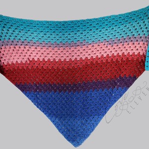 May include: A triangular crocheted shawl with stripes of teal, purple, pink, red, and blue yarn. The shawl is made with a lacy stitch pattern.