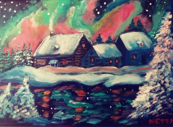 Cabin Among Northern Lights Winter Scene Cabins By The Etsy