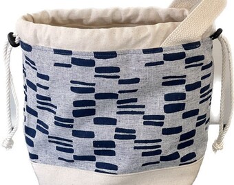 Blue Abstract Linen Fabric | Knitting Project Bag | Drawstring Bag