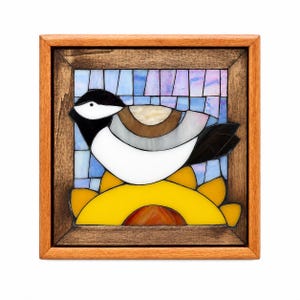 Mosaik-Wandbild | Meise und Sonnenblume | Original-Handarbeit | Holzrahmen | Sofort lieferbar