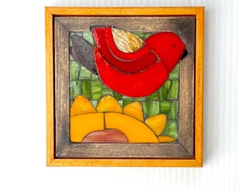 Mosaic Wall Art | Red Bird on Sunflower | Original Handmade Art | Wood Frame