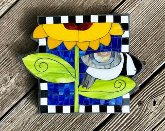 Chickadee Sunflower Mosaic Stepping Stone | Handmade Garden Art |  Concrete Base | Made to Order