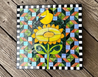 Goldfinch and Sunflower | Mosaic Stepping Stone | Handmade Garden Art | Outdoor Decor | Made to Order