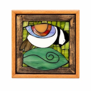 Mosaik-Wandbild | Meise auf Blatt | Original-Handarbeit | Holzrahmen | Sofort lieferbar