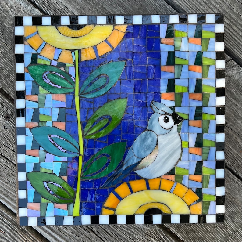 Whimsical Tufted Titmouse Mosaic Stepping Stone | Garden Art, Bird Lover Gift image 3