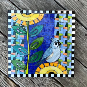 Whimsical Tufted Titmouse Mosaic Stepping Stone | Garden Art, Bird Lover Gift image 2