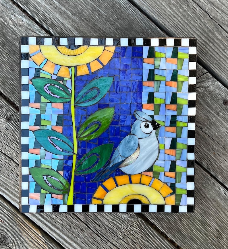 Whimsical Tufted Titmouse Mosaic Stepping Stone | Garden Art, Bird Lover Gift image 2