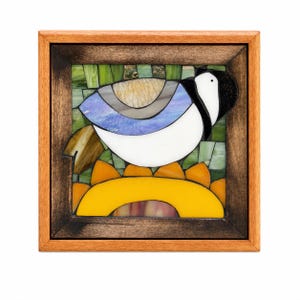 Mosaik-Wandbild | Meise und Sonnenblume | Original-Handarbeit | Holzrahmen | Sofort lieferbar
