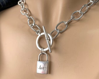 love padlock pendant silver chain necklace, chunky padlock pendant, chunky lightweight silver chain necklace, toggle clasp necklace, gift