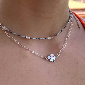 Boho fine silver chain choker necklace, clover lucky necklace, dainty chain necklace, friendship necklace, delicate choker, silver choker,