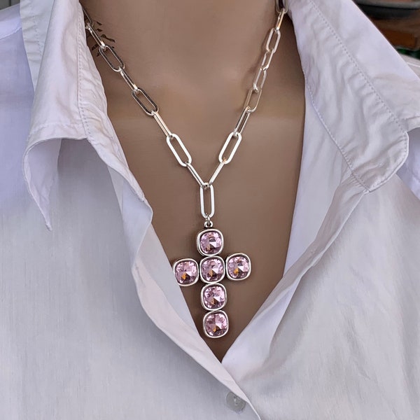 Chunky chain cross pendant silver necklace, Statement crystal pendant necklace, Swarovski cross pendant necklace, uno de 50 style necklace