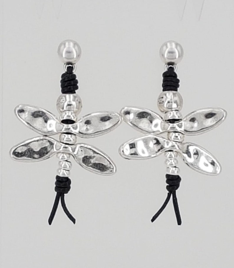 silver beads leather earrings zamak earrings dragonfly earrings butterfly earrings Woman Boho leather earrings bohemian earrings