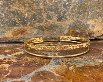 Gold cuff bracelet, gold bangle bracelet, double band rigid bracelet, half cuff gold bracelet, hammered cuff gold bracelet, hammered bangle