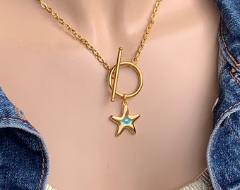 Toggle gold necklace, star necklace, star pendant necklace, T necklace, bohemian gold necklace, dainty necklace, delicate necklace, gift