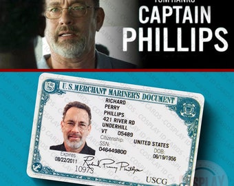 Captain Phillips US Merchant Mariners ID Card, Screen Accurate Movie Prop Replica, Capt. Richard Phillips, Tom Hanks, Cosplay ID Cards