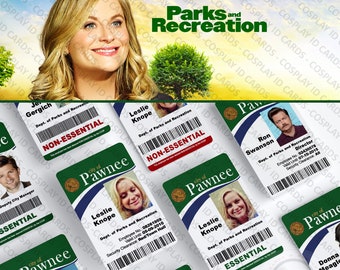 Parks And Recreation Pawnee ID Badge, Leslie Knope, Ron Swanson, Andy Dwyer, Burt Macklin, April Ludgate, Screen Accurate TV prop