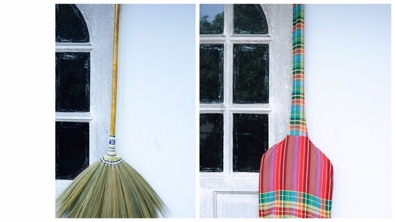 Broomstick Bamboo Stick Embroidered Woven Nylon Top and Bottom Handle Thai Broom Kong Grass Broom Housewarming Gift Natural Grass Broom Vintage Retro Made in Thailand Witch Broom Handmade Broom