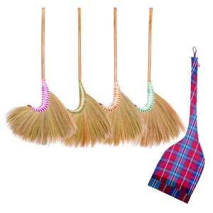 914Z - 40 inch tall of Asian natural straw broom Whisk broom Thai grass broom Bamboo stick Handle Hand Grip with Nylon Thread Multi color