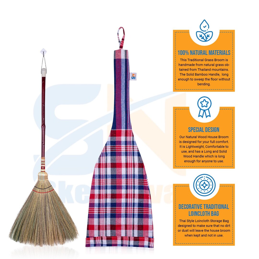 Asian Short Broom Whisk Broom Thai Natural Grass Broom Bamboo Etsy