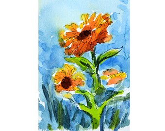 Sunflower Family, original painting, watercolor, pen ink, matted, 10 x 8, impressionist, flowers, cheerful, yellow, orange, blue, real art