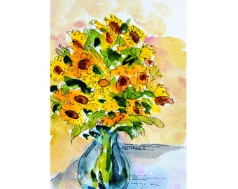 Bunch of Sunflowers, glass vase, original painting, impressionist, watercolor, pen ink, cheerful, yellow, blue, orange, vertical, gift, art