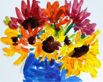 Colorful Sunflowers Blue Vase, green background, white background, original painting, horizontal, impressionist, watercolor, pen ink, art