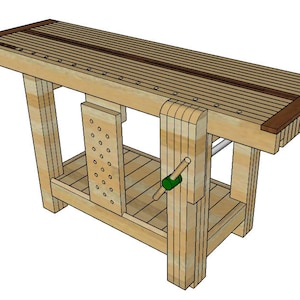 Könnte beinhalten: Eine Holzwerkbank mit einem Schraubstock und einer Lochwand an der Seite. Die Werkbank ist aus hellem Holz gefertigt und hat eine dunkelbraune Oberseite.