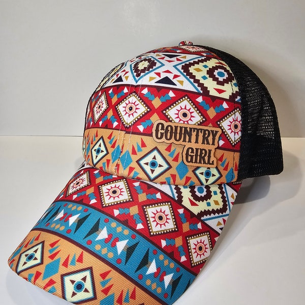 Aztec pattern Hat with Leather patch "Country Girl"