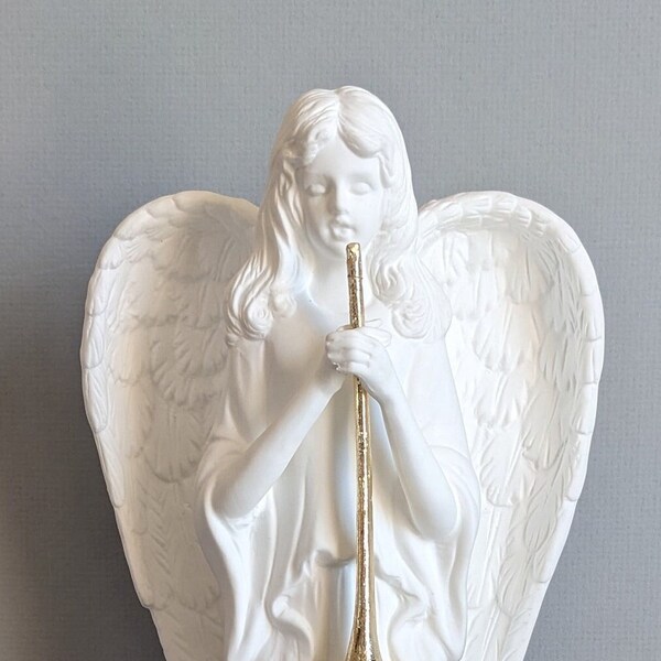 White Bisque Angel With Gold Trumpet Young Girl Standing Wings Folded 10 Inch Religious Figurine